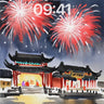 Firework Reverie Wallpaper with Ink-Washed Temples wallpaper for iPhone, iPad & Mac
