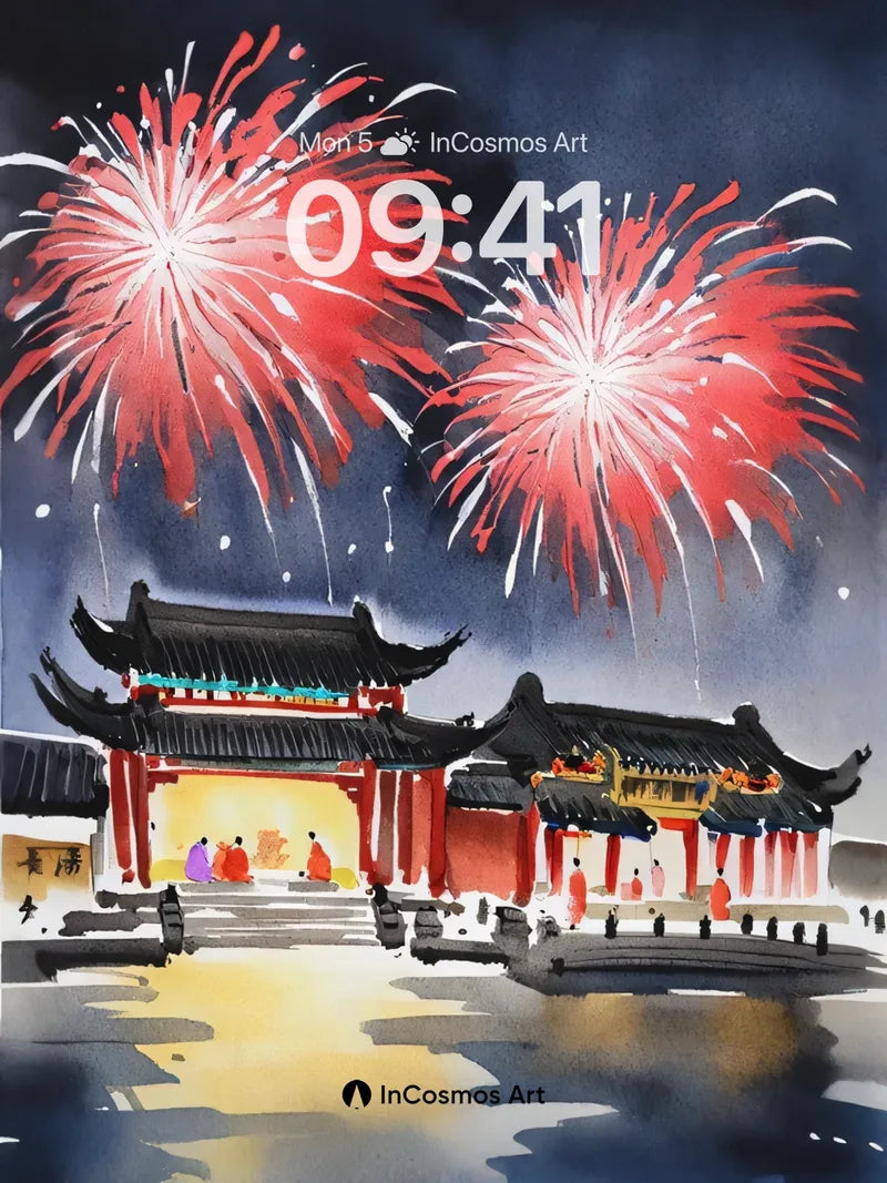 Firework Reverie Wallpaper with Ink-Washed Temples