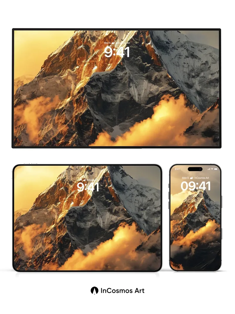 Golden Ascent Wallpaper with Cloud-Clad Peaks