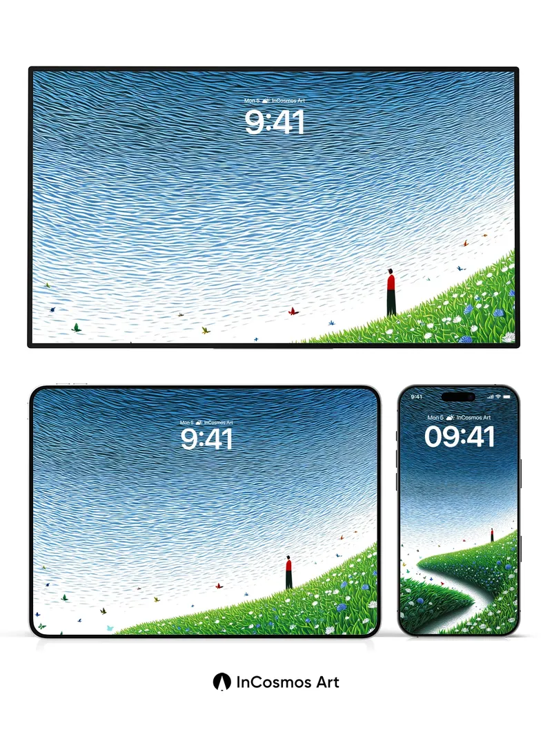 Surreal Horizon Wallpaper with Floating Grass Paths