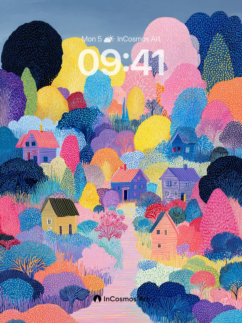 Whimsical Village Wallpaper with Colorful Trees wallpaper for iPhone, iPad & Mac