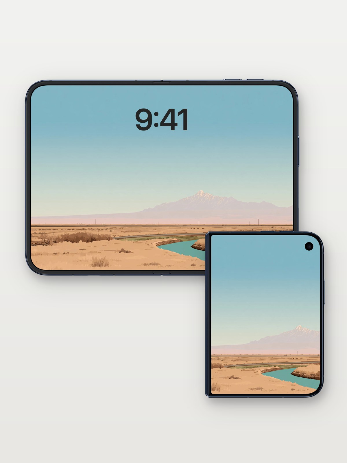 Serene Desert River Wallpaper with Snow-Capped Peaks on iPhone Duo, open and closed