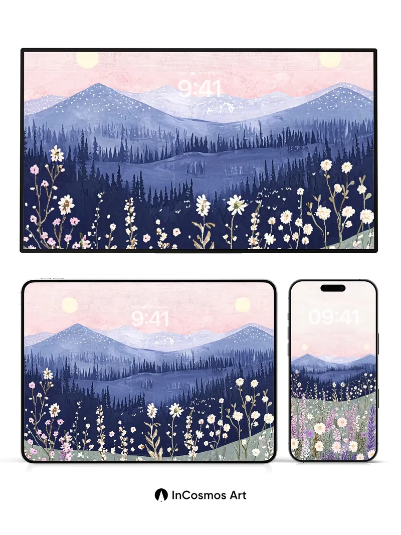 Serenity Meadow Wallpaper with Distant Peaks