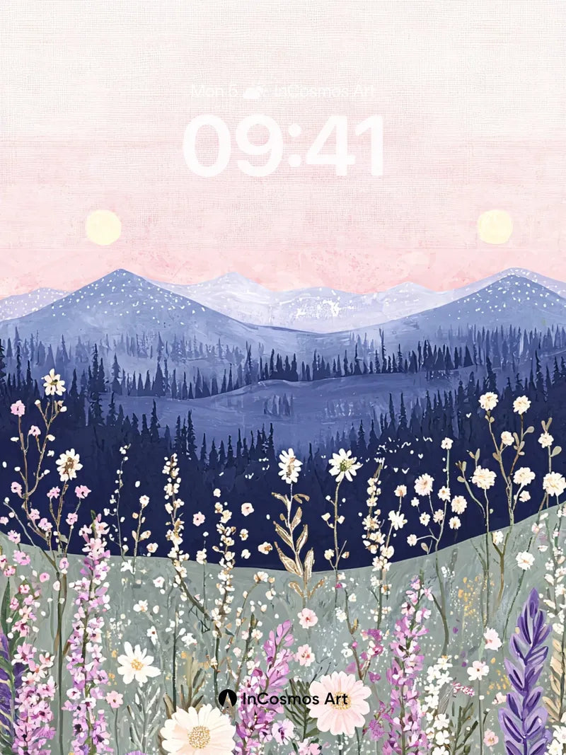 Serenity Meadow Wallpaper with Distant Peaks