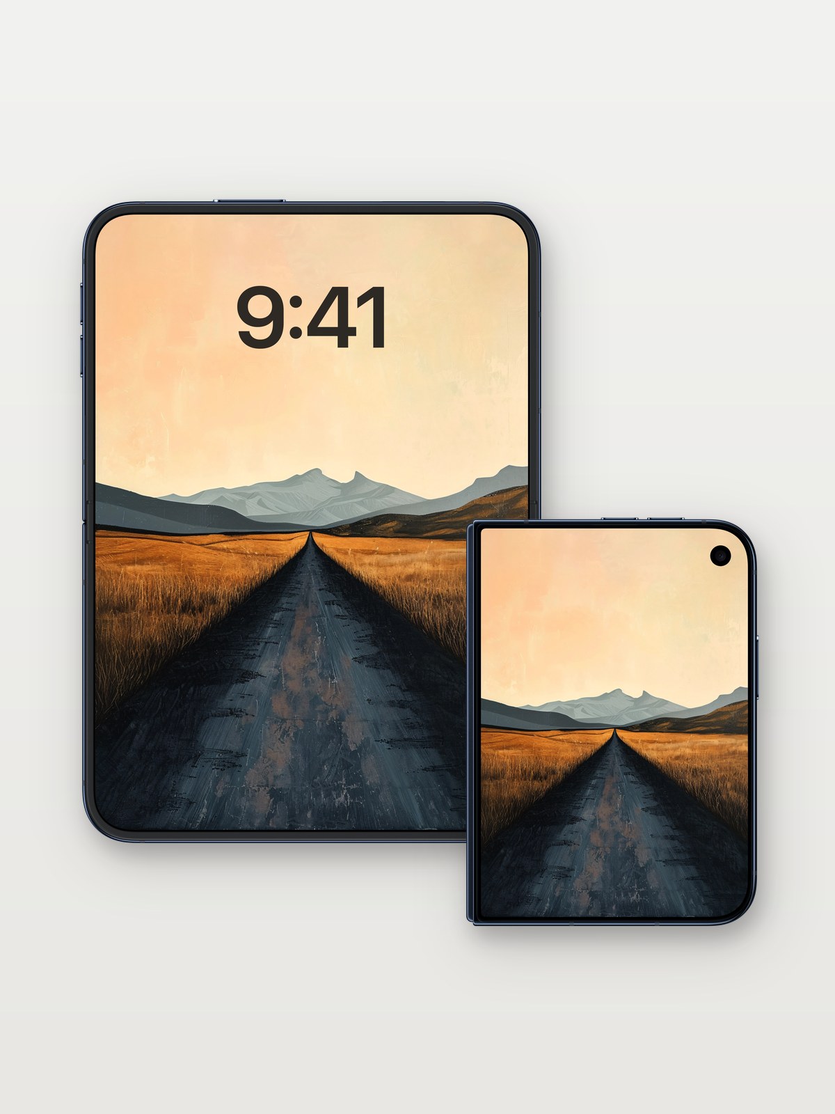 Serenity Road Wallpaper with Distant Peaks on iPhone Duo, open and closed