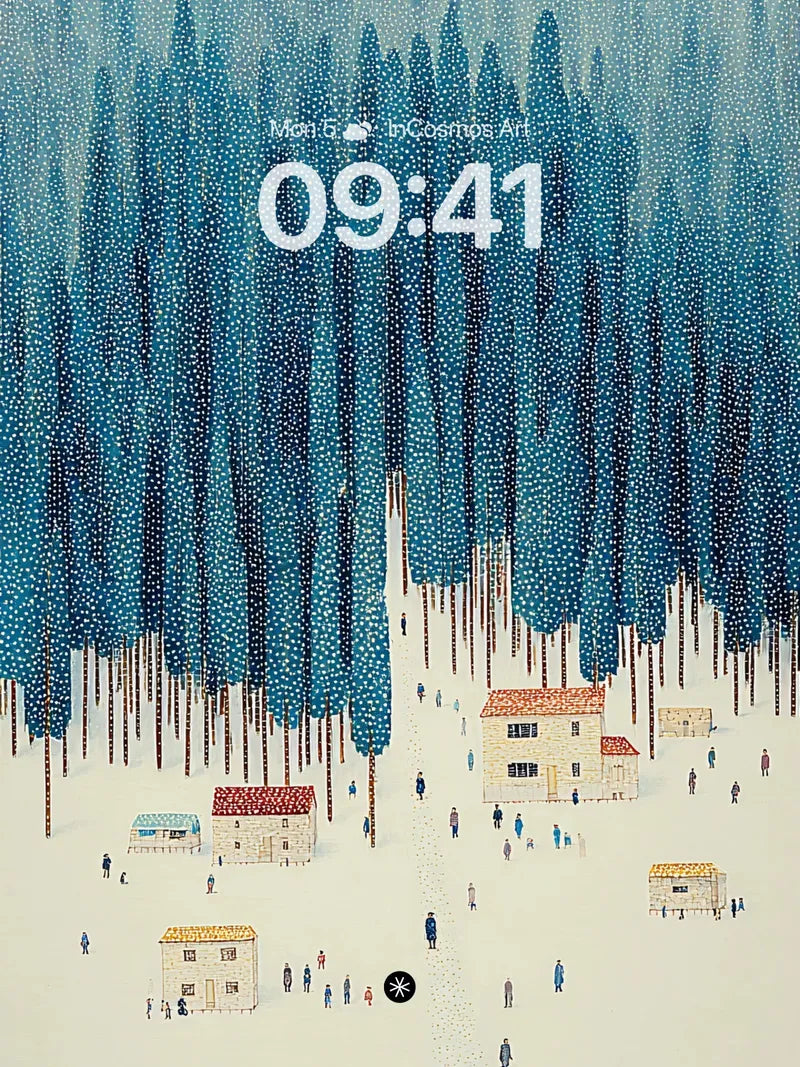 Serene Winter Forest Wallpaper with Cozy Cabins wallpaper for iPhone, iPad & Mac