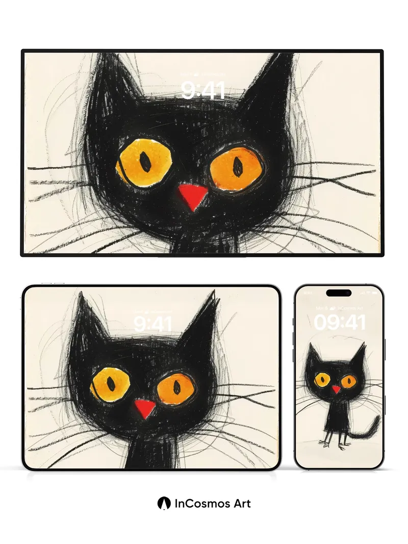 Whimsical Ink Cat Wallpaper with Expressive Eyes