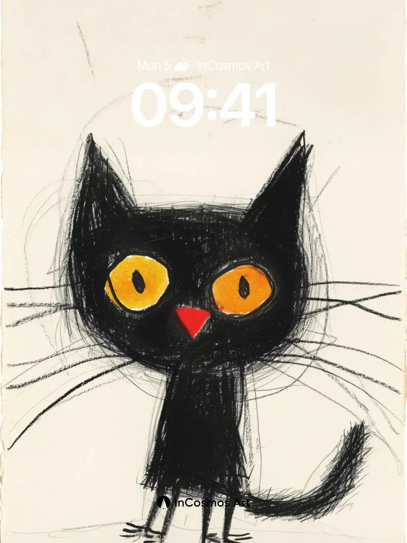 Whimsical Ink Cat Wallpaper with Expressive Eyes