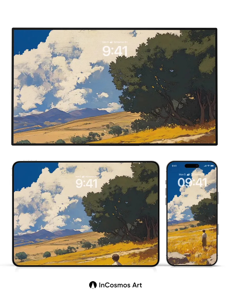 Golden Hour Solitude Wallpaper with Whispering Fields