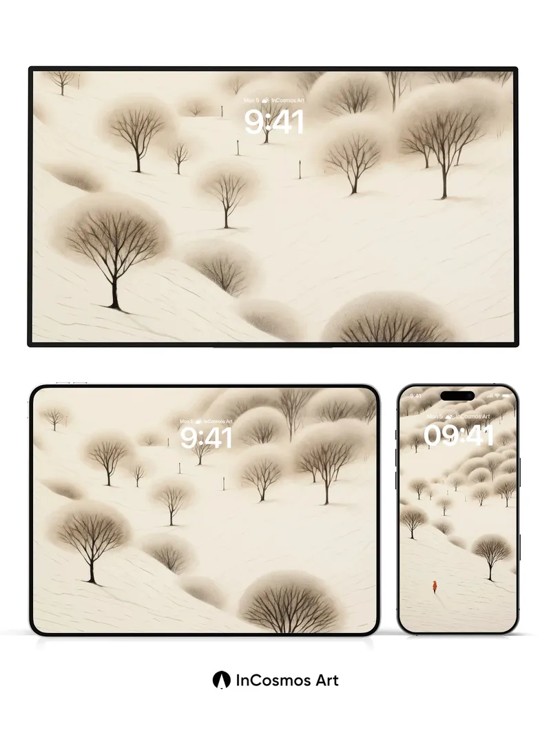 Solitary Winter Walk Wallpaper with Snow-Blurred Trees