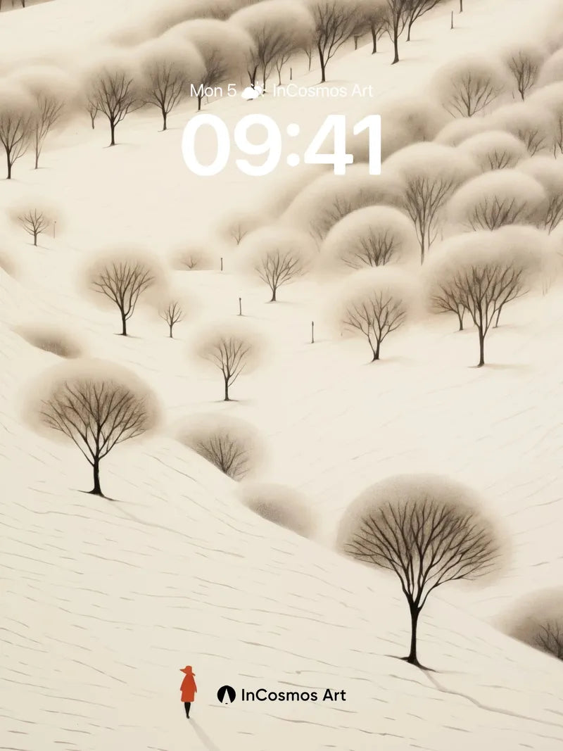 Solitary Winter Walk Wallpaper with Snow-Blurred Trees