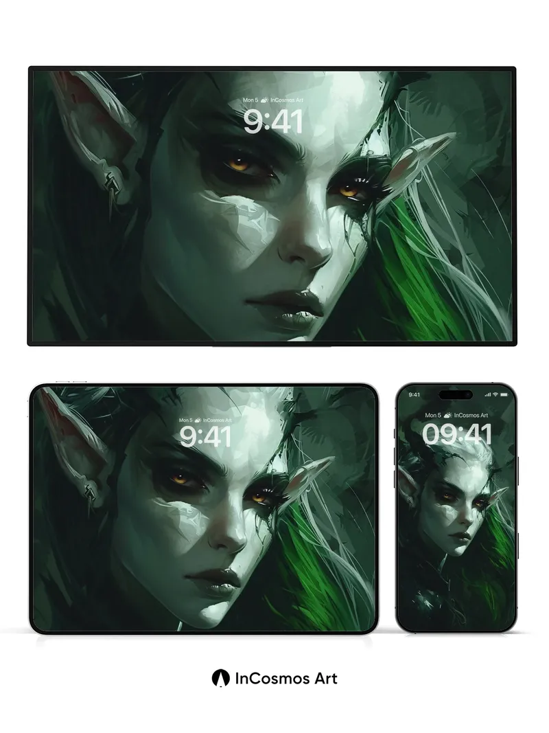 Shadowed Elven Gaze Wallpaper with Emerald Veil