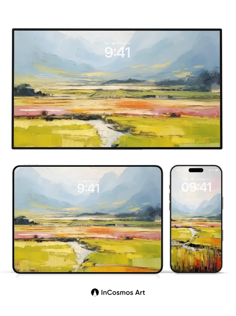 Serenity Field Wallpaper with Misty Peaks