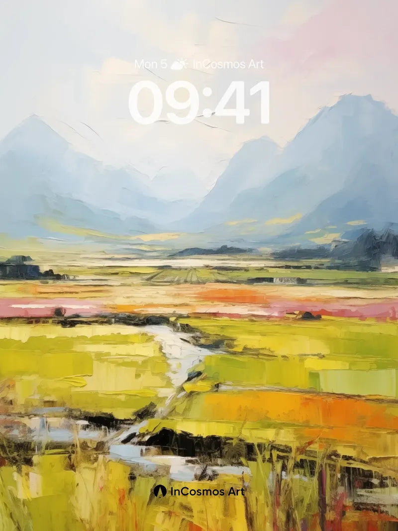 Serenity Field Wallpaper with Misty Peaks