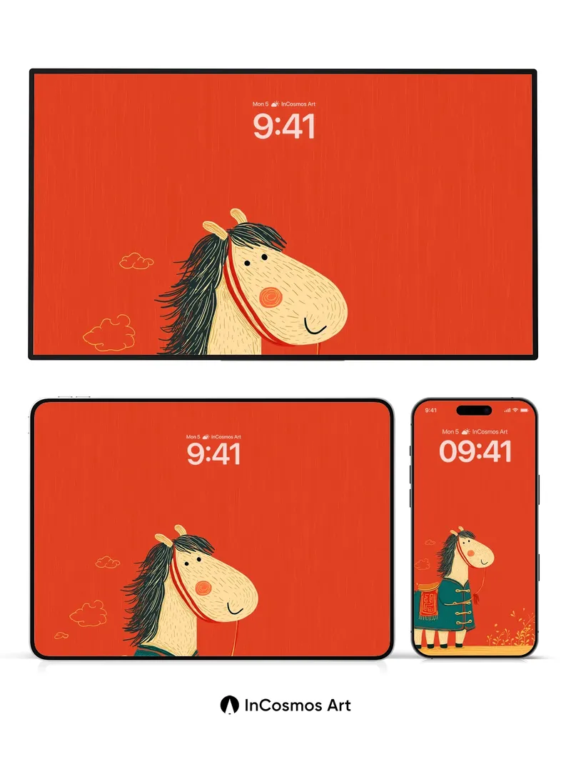 Whimsical Horse Wallpaper with Red Velvet Depth