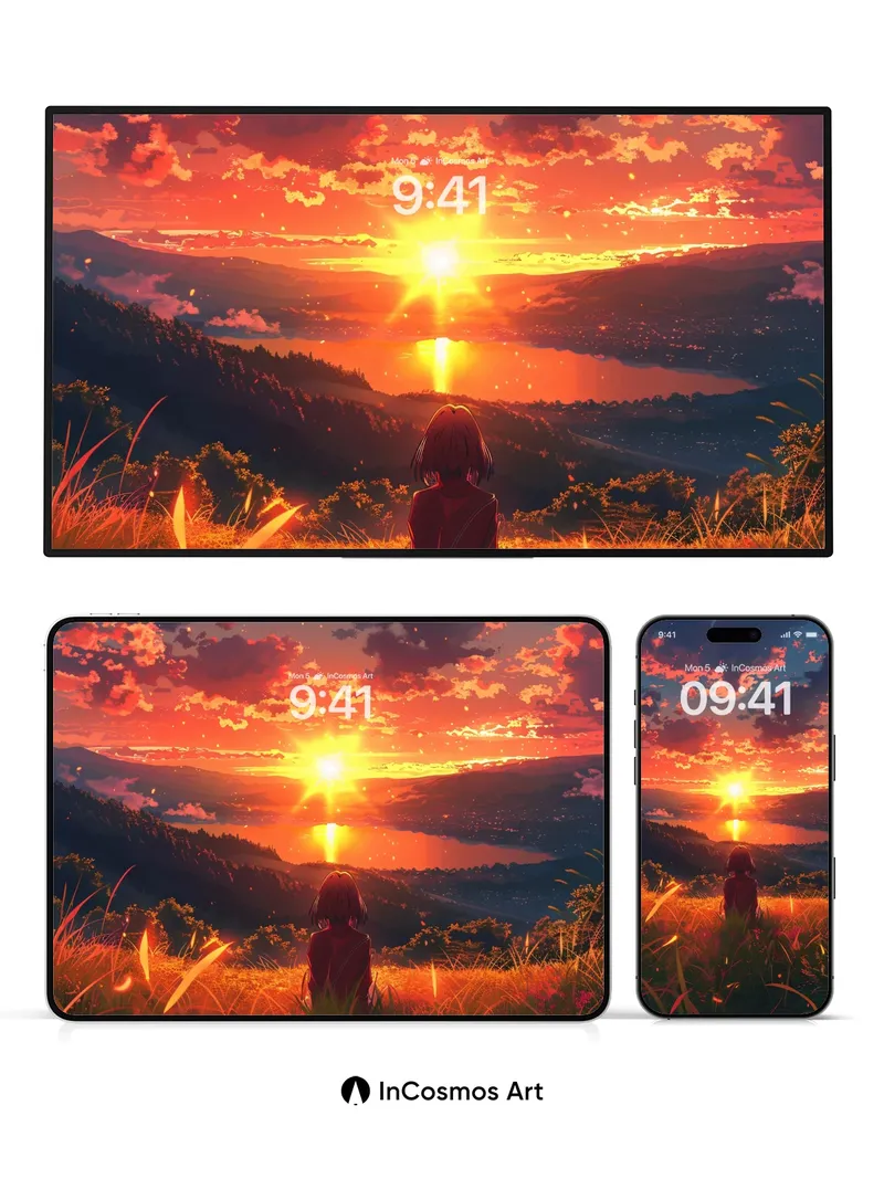 Crimson Horizon Wallpaper with Whispering Grass