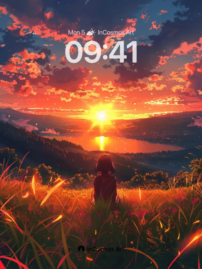 Crimson Horizon Wallpaper with Whispering Grass