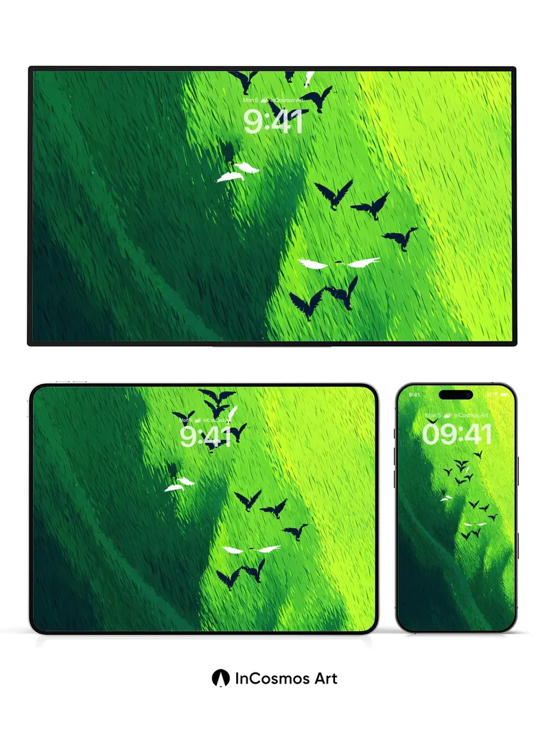 Emerald Drift Wallpaper with Flock of Shadows