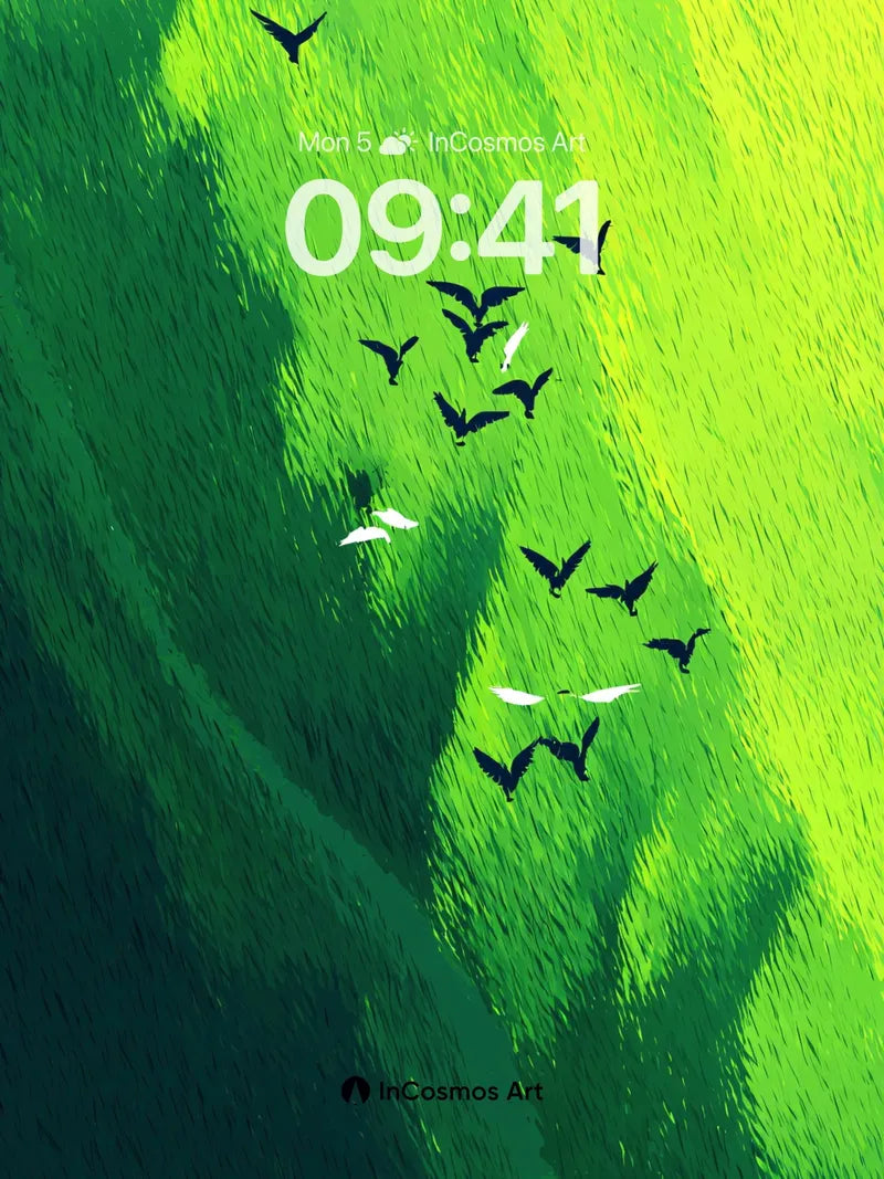 Emerald Drift Wallpaper with Flock of Shadows