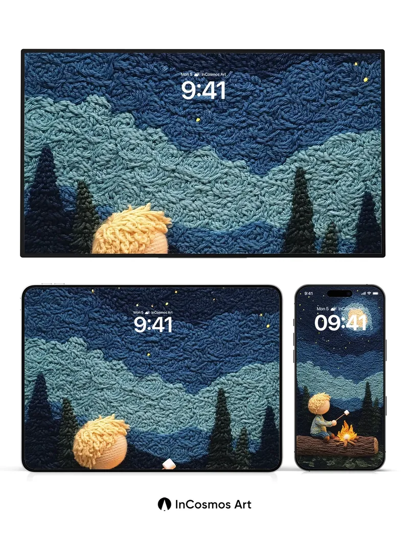 Starry Knit Wallpaper with Moonlit Campfire