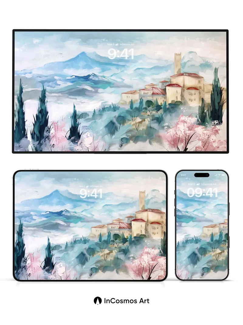 Misty Citadel Wallpaper with Whispering Pines