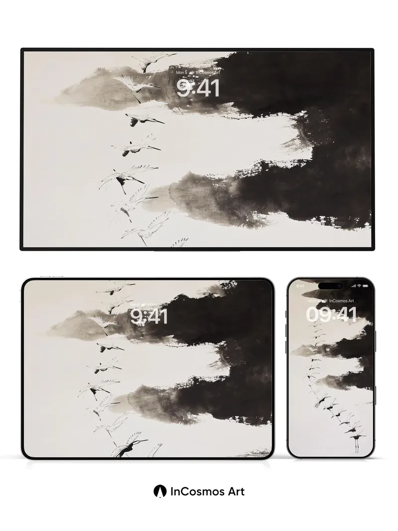 Serenity in Flight Wallpaper with Ink Clouds