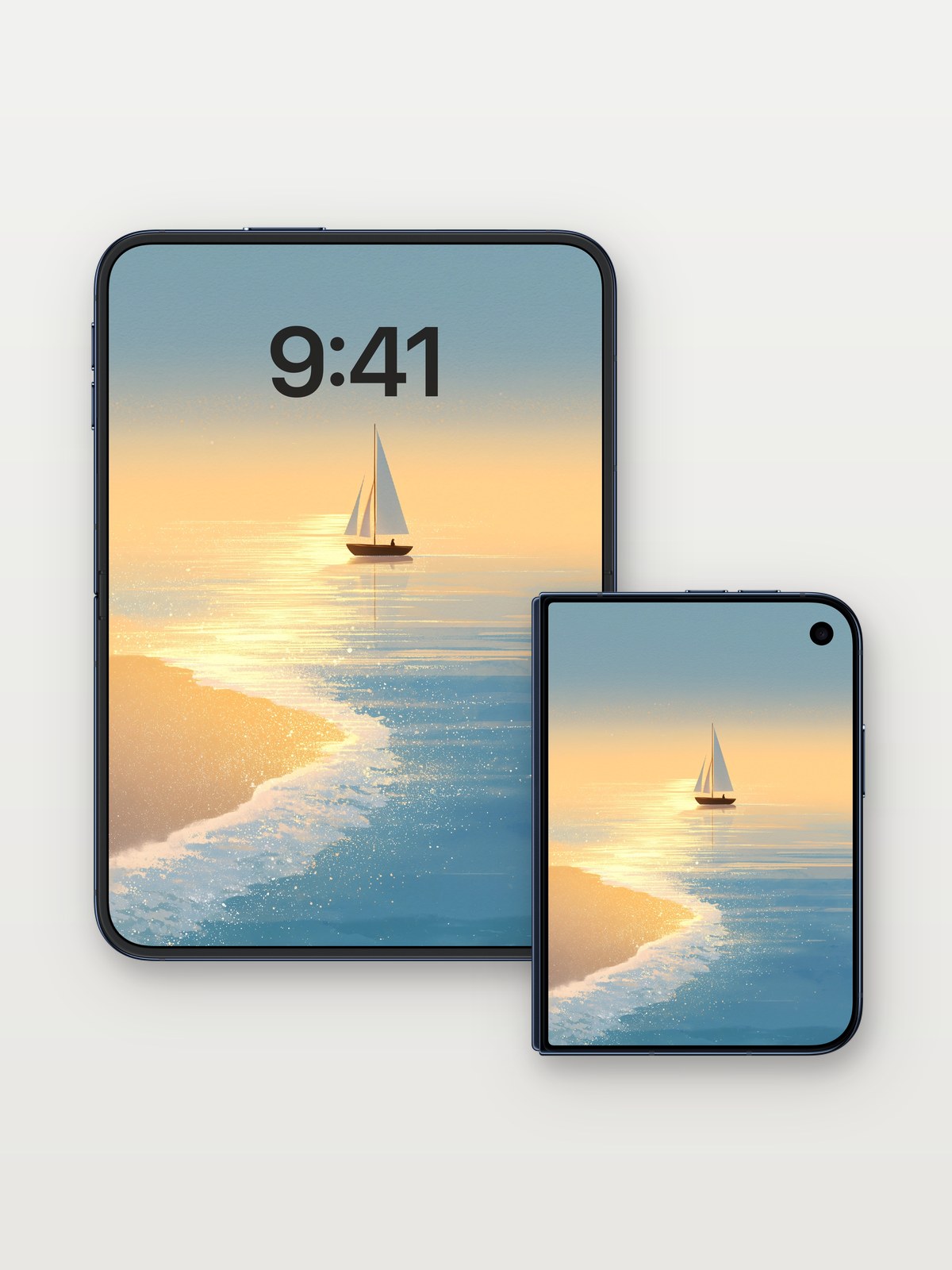 Golden Hush Sailboat Wallpaper with Sunset Reflections on iPhone Duo, open and closed