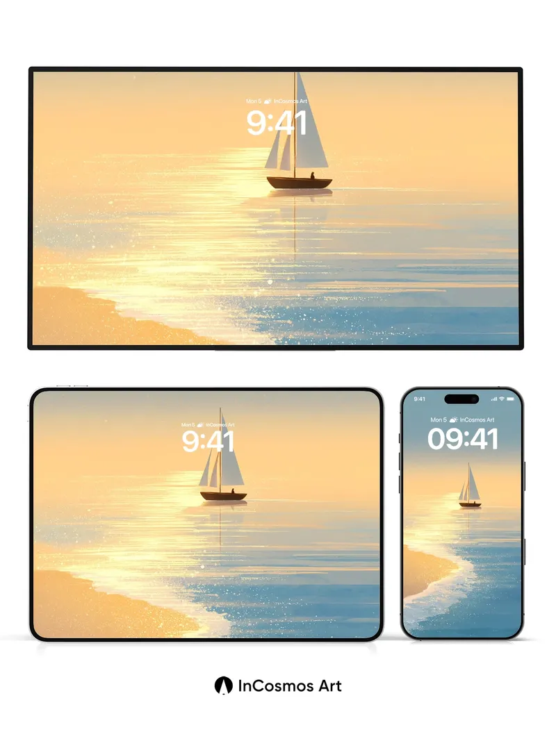 Golden Hush Sailboat Wallpaper with Sunset Reflections