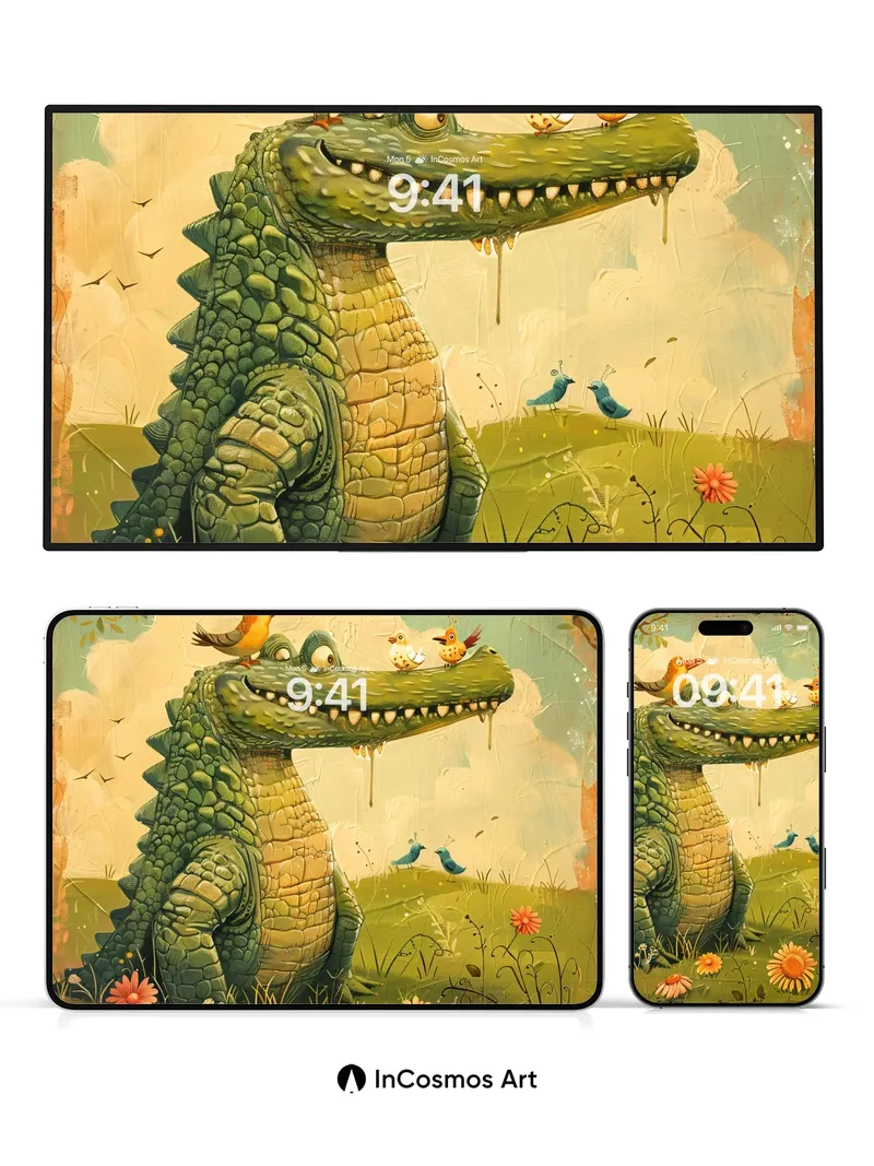 Whimsical Crocodile Wallpaper with Feathered Friends