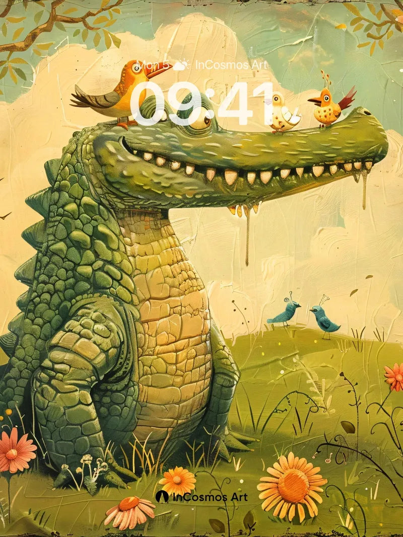 Whimsical Crocodile Wallpaper with Feathered Friends