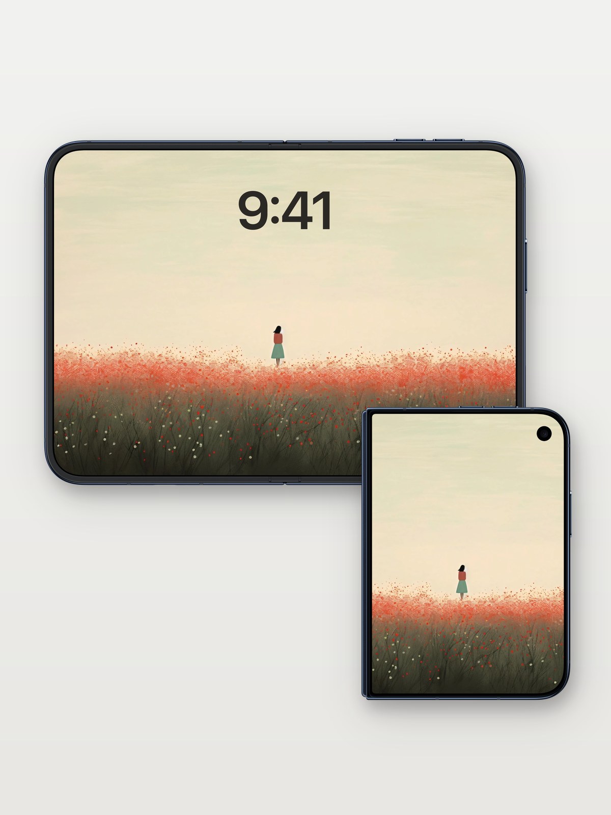 Serenity Field Wallpaper with Distant Figure on iPhone Duo, open and closed