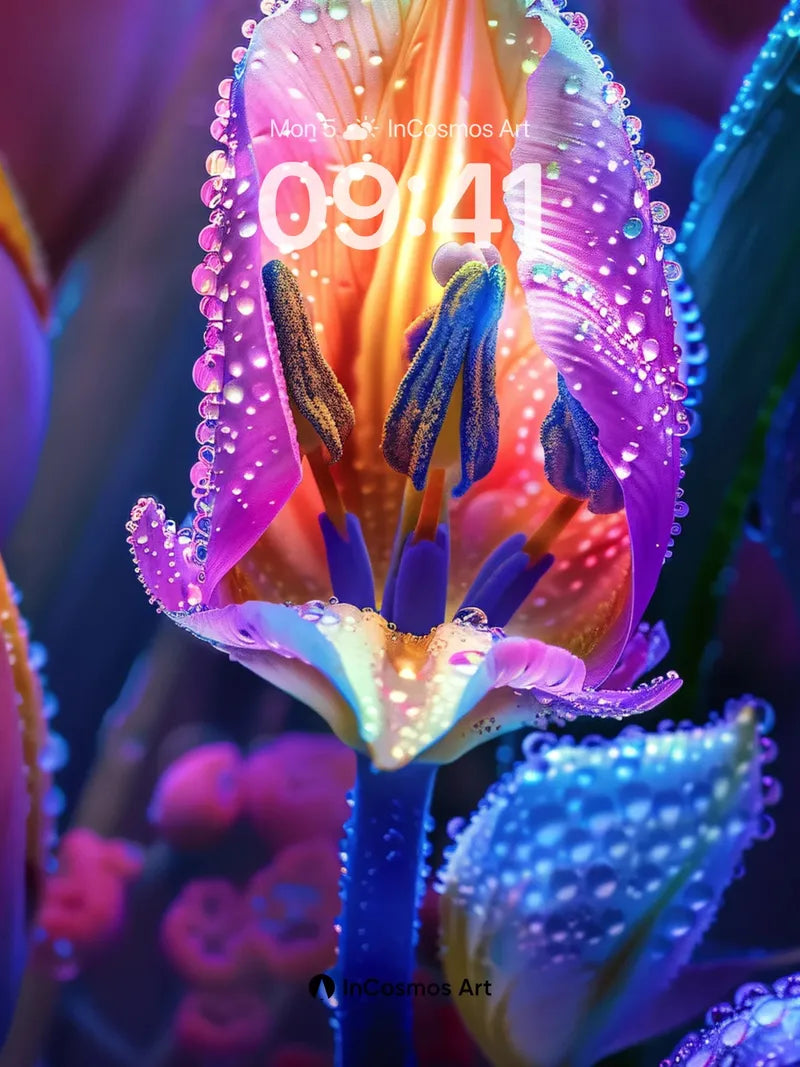 Luminous Petal Wallpaper with Dewdrop Constellations