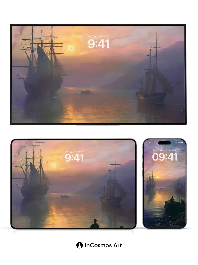 Serenity at Dusk Wallpaper with Silhouetted Ships