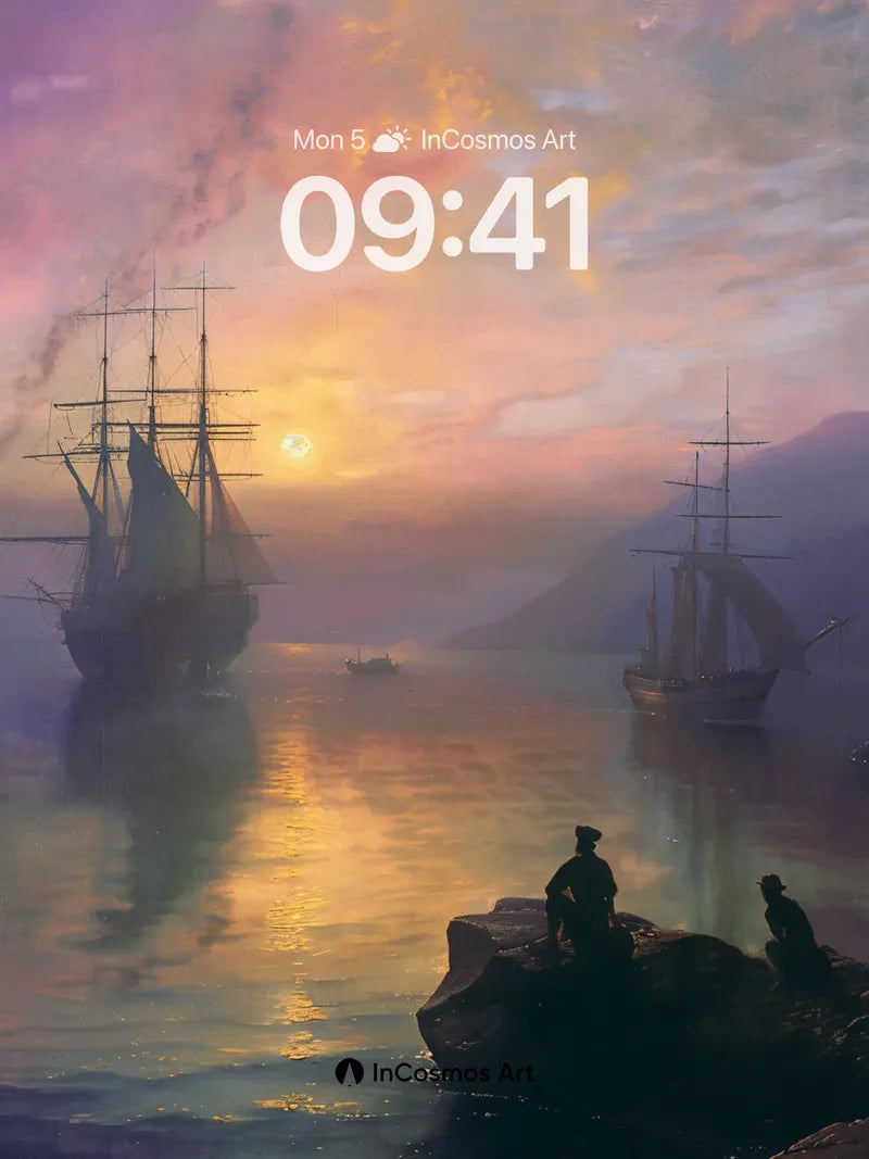 Serenity at Dusk Wallpaper with Silhouetted Ships