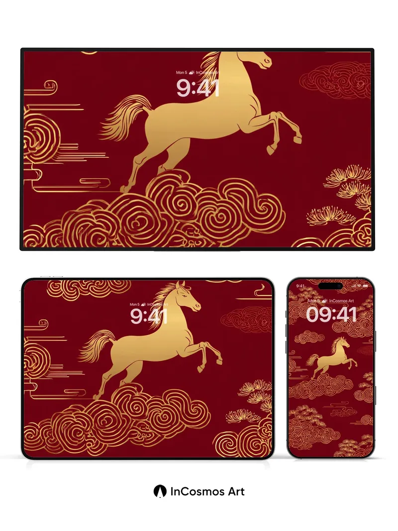 Golden Gallop Wallpaper with Cloud-Weave Motifs