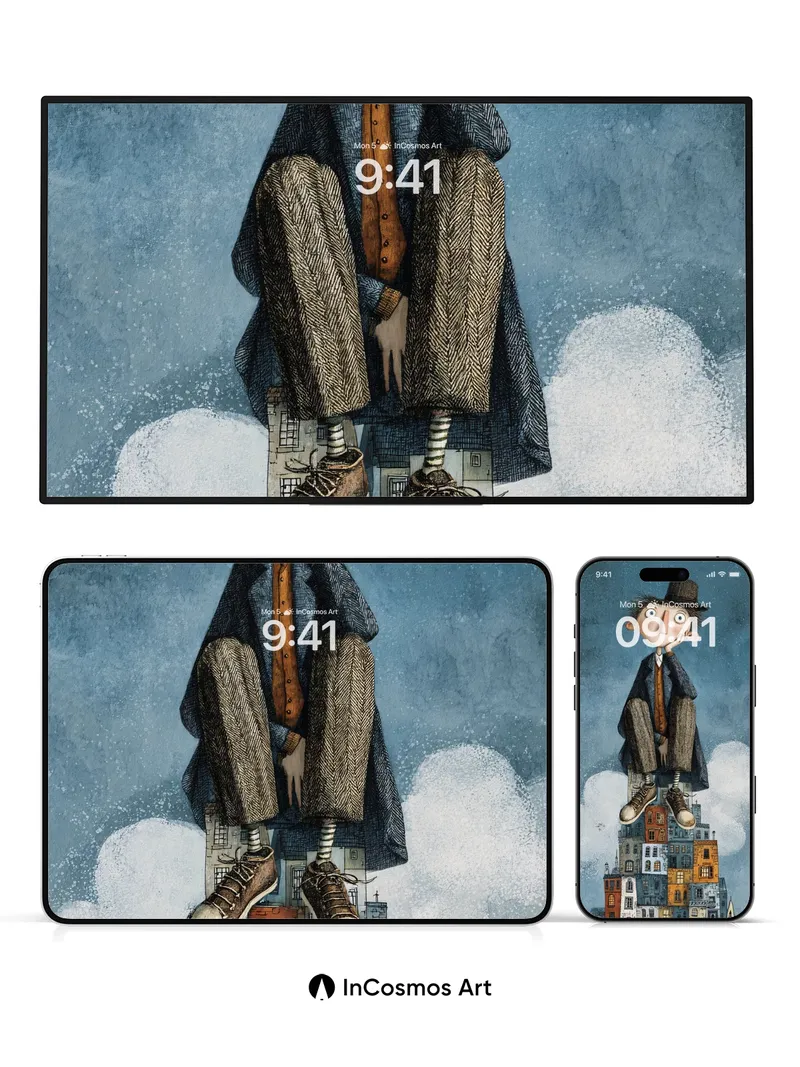 Whimsical Cloud Perch Wallpaper with Stacked City