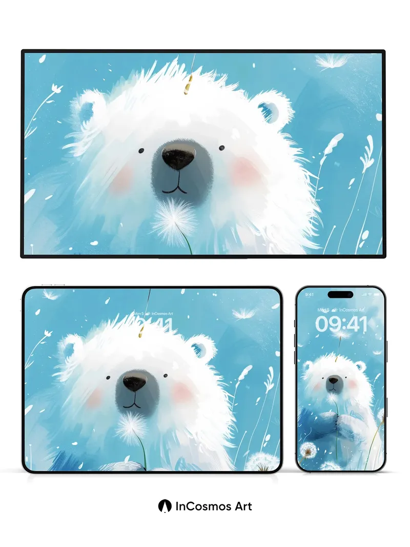 Serene Dandelion Wallpaper with Polar Bear Whispers