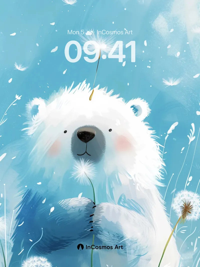 Serene Dandelion Wallpaper with Polar Bear Whispers