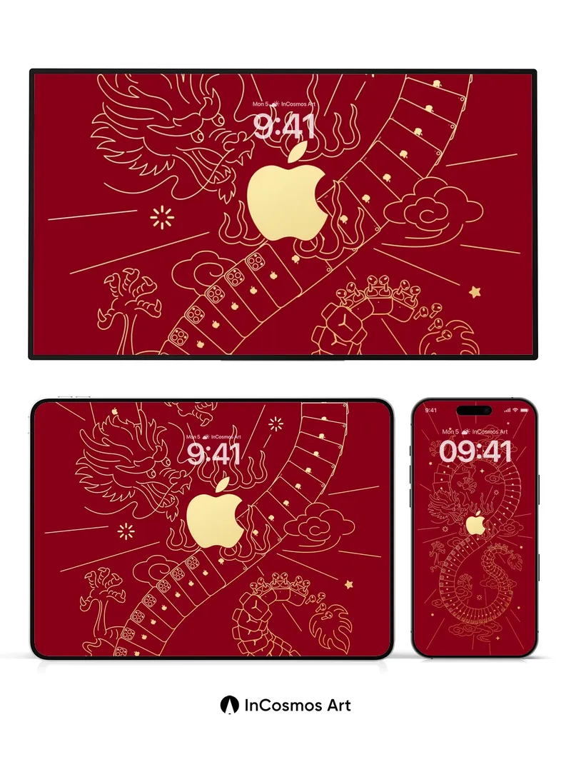 Golden Dragon Scroll Wallpaper with Apple Core