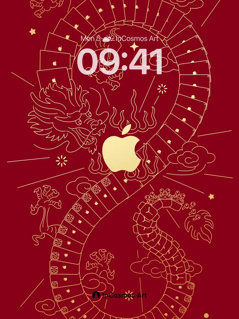 Golden Dragon Scroll Wallpaper with Apple Core