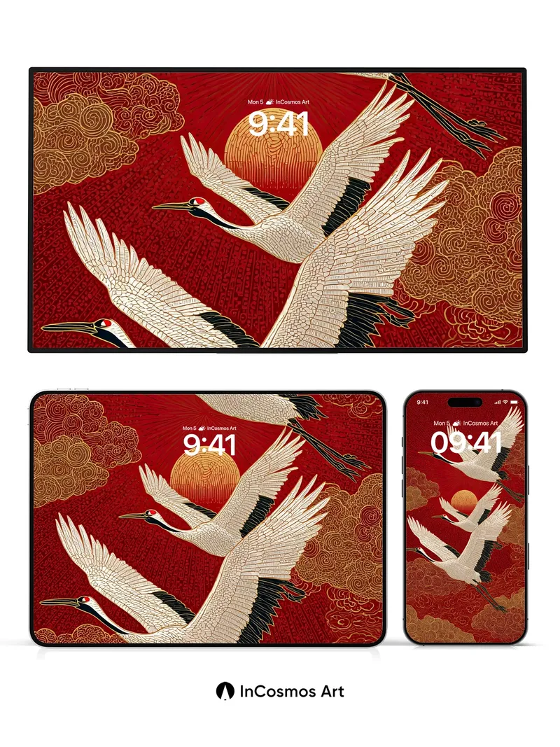 Crimson Crane Flight Wallpaper with Golden Clouds