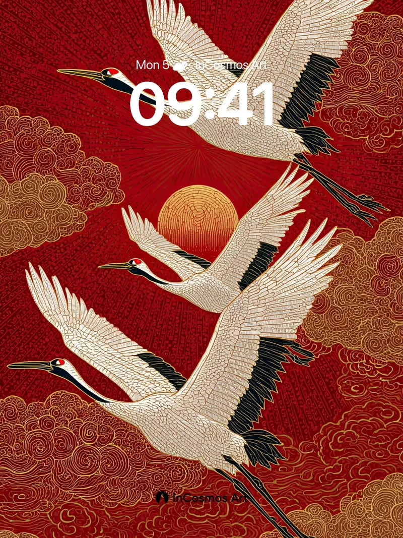 Crimson Crane Flight Wallpaper with Golden Clouds wallpaper for iPhone, iPad & Mac