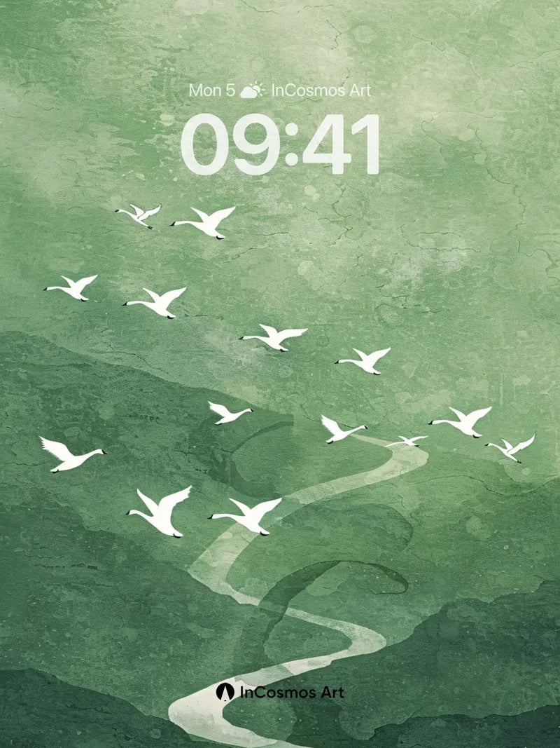 Serene Mist River Background with Flying Birds wallpaper for iPhone, iPad & Mac