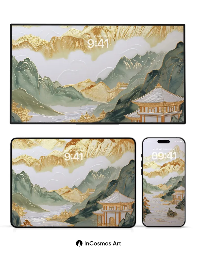 Golden Reverie Wallpaper with Floating Pavilions