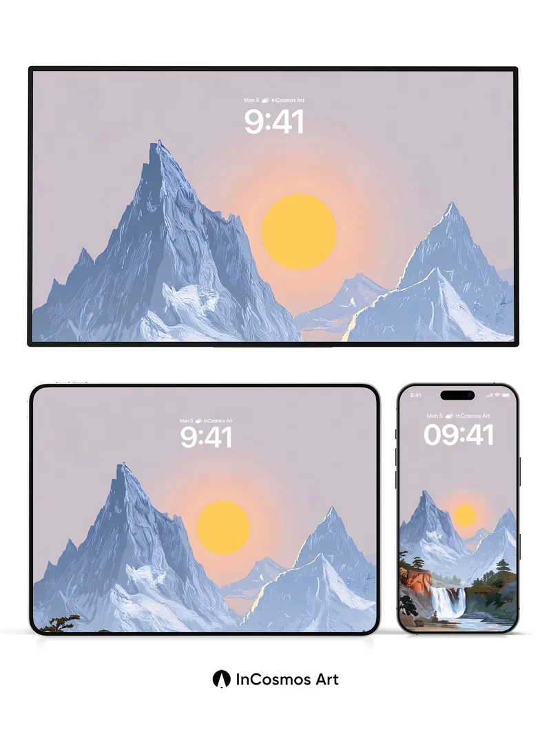 Serenity Summit Wallpaper with Sunlit Waterfall