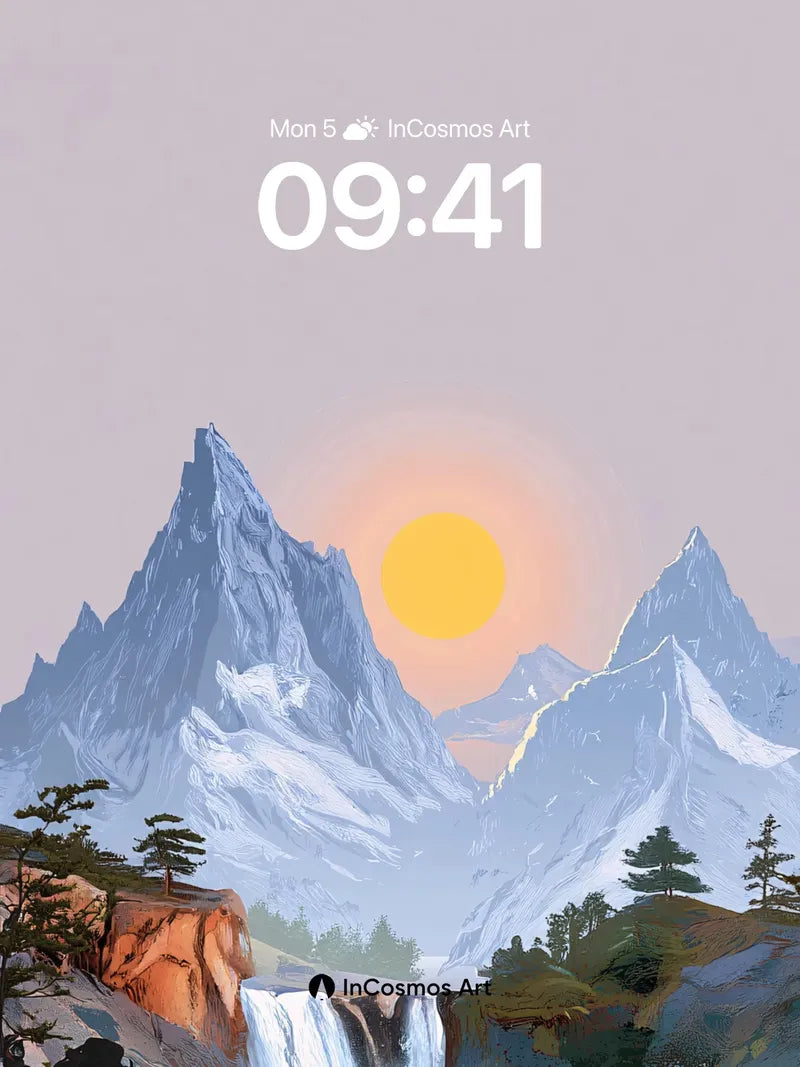 Serenity Summit Wallpaper with Sunlit Waterfall