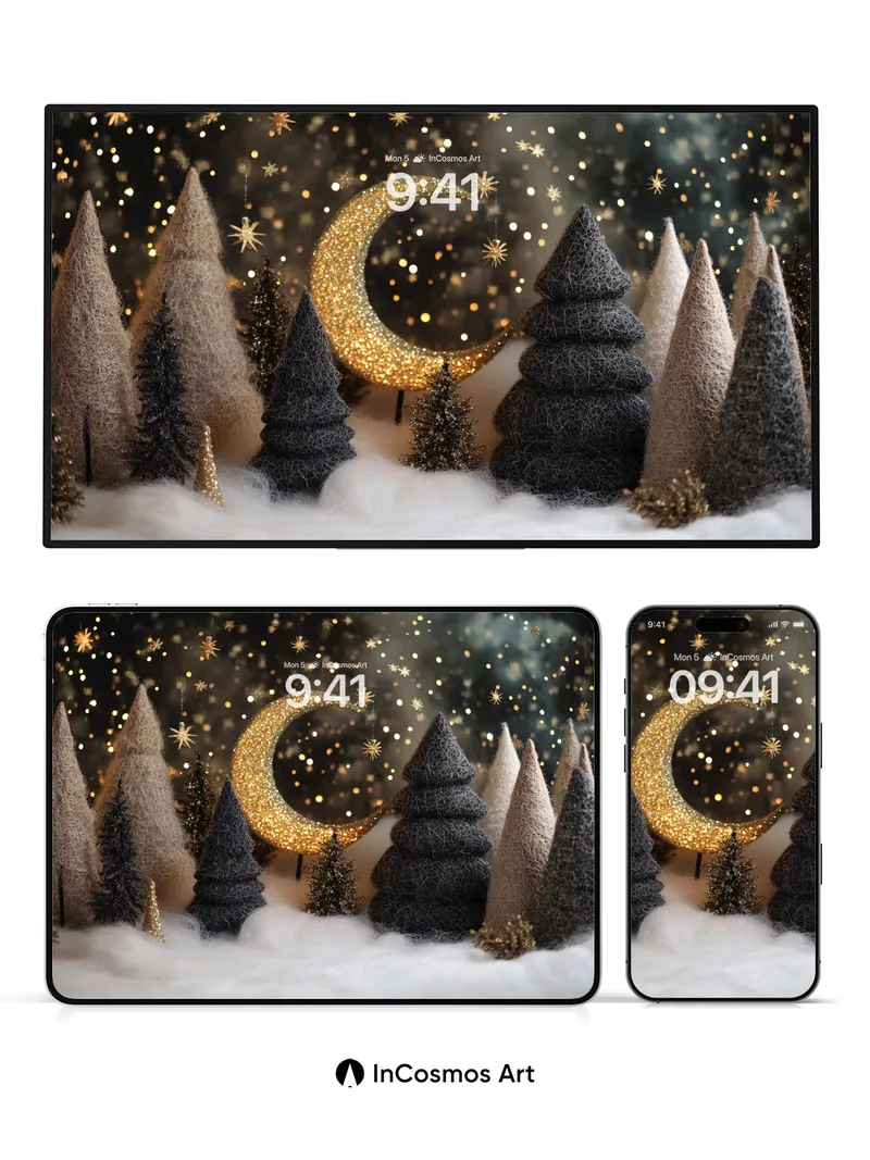 Moonlit Forest Wallpaper with Golden Crescent