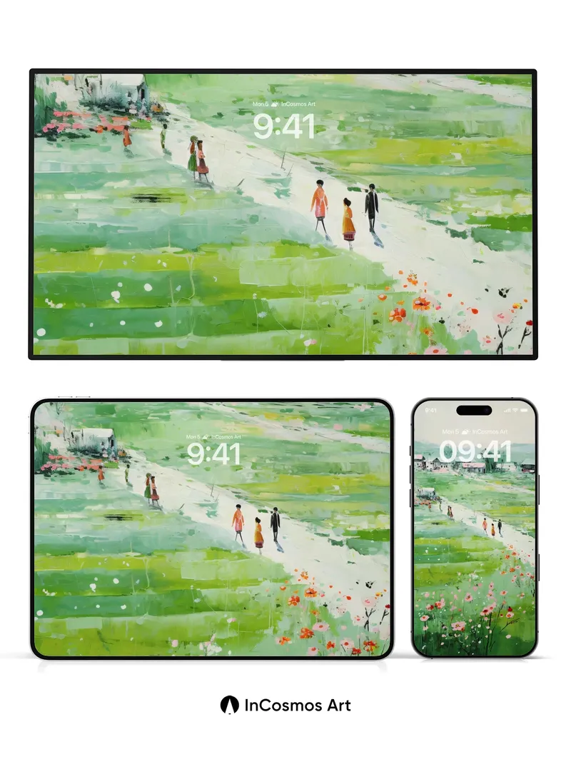 Serene Pathway Wallpaper with Floating Blossoms