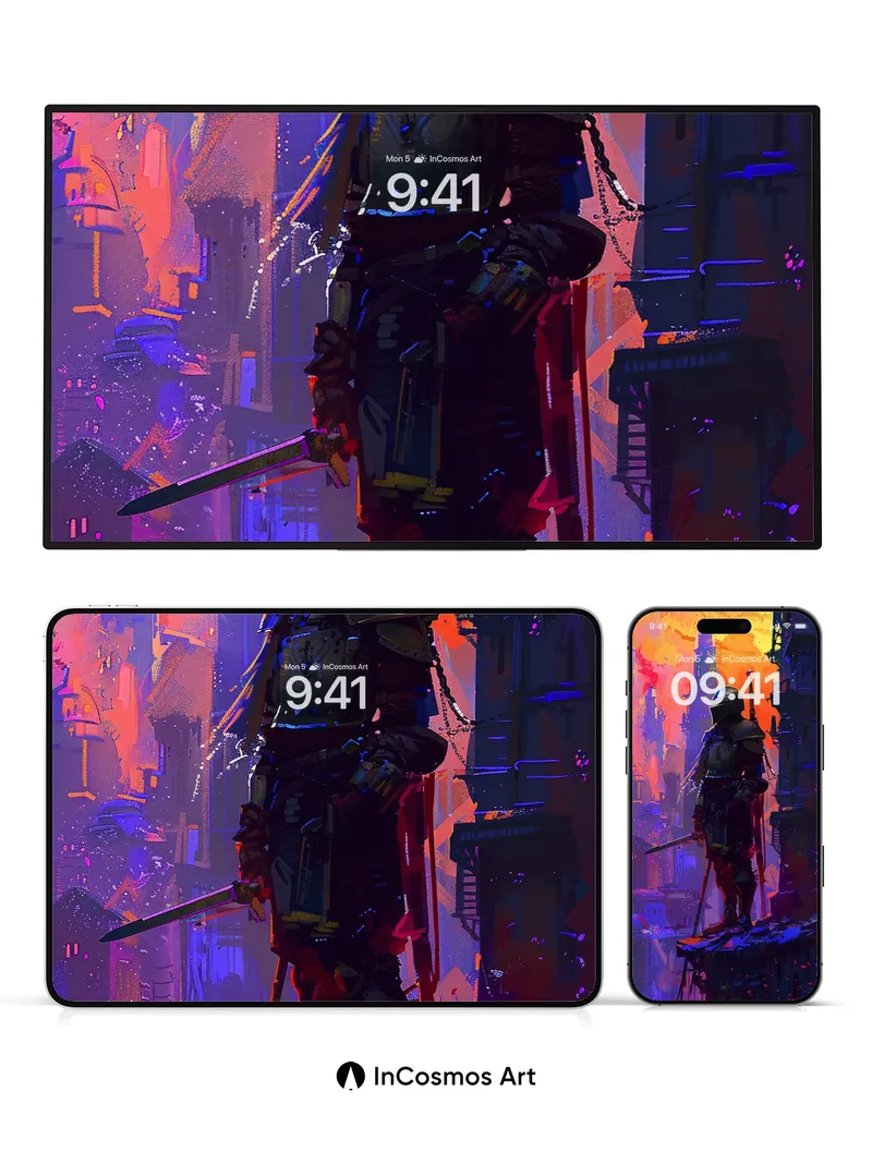 Crimson Sentinel Wallpaper with Neon Ruins