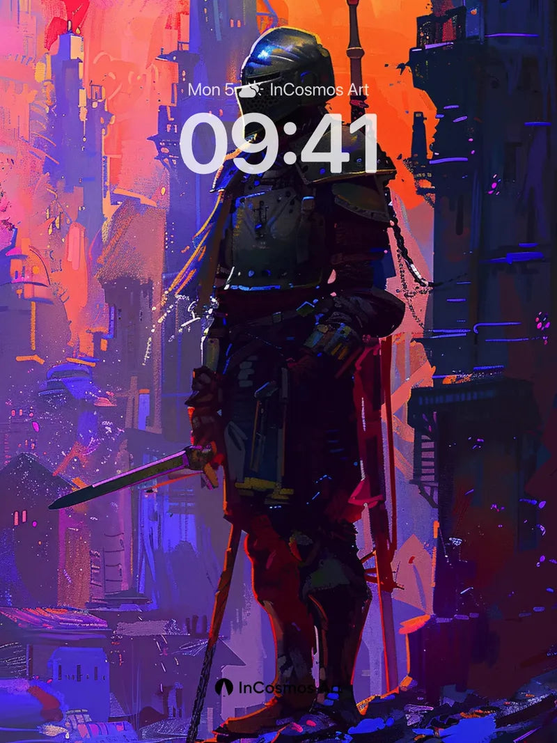 Crimson Sentinel Wallpaper with Neon Ruins